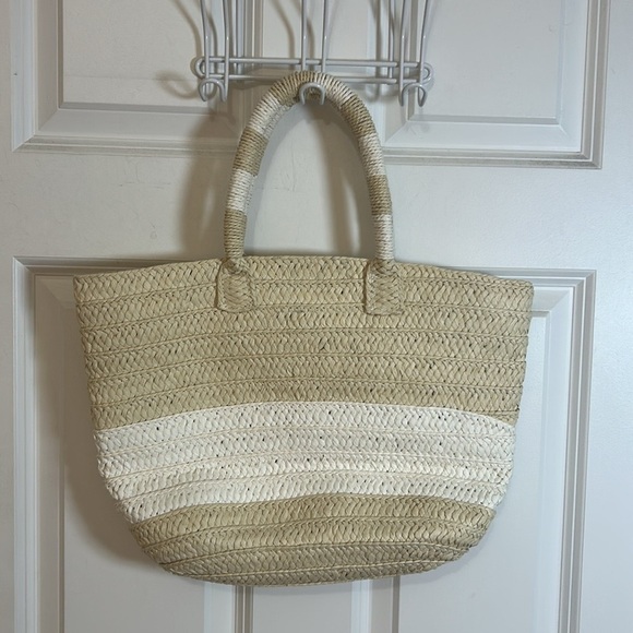 Altru Made For Good Straw Woven Tote Bag tan, and white - Picture 3 of 6